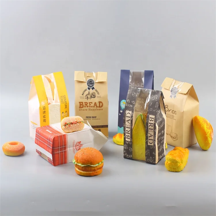 Wholesale Bread Greaseproof Paper French Baguette Bread Loaf Packaging Sharp V Bottom Flat Brown Kraft Paper Bags with Window
