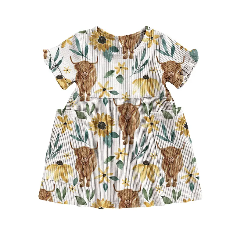 Hot sale girl clothing rib knit fabric girl dress with big pockets sweet fashion style