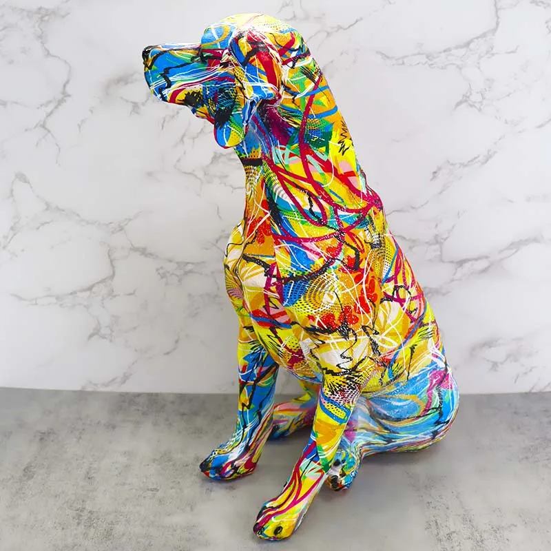 Creative Water Transfer Printing Artwork Colorful Labrador Dog Statue Sitting Resin Large Dog Statue