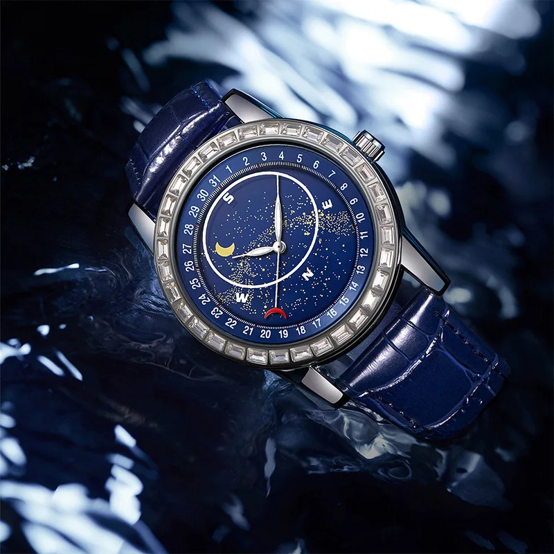 Fashionable Crystal Bezel Excel Watch Japan Quartz ATM Subdials Second Hand Working Star Dust No Mechanical Quartz Watch