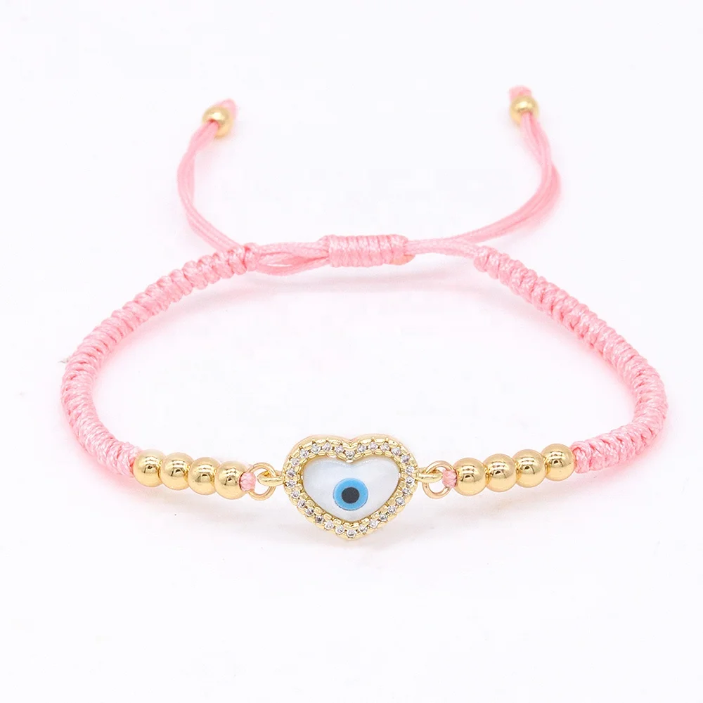 Blue eye 18k gold plated shell connector bracelet jewelry with pink adjustable rope