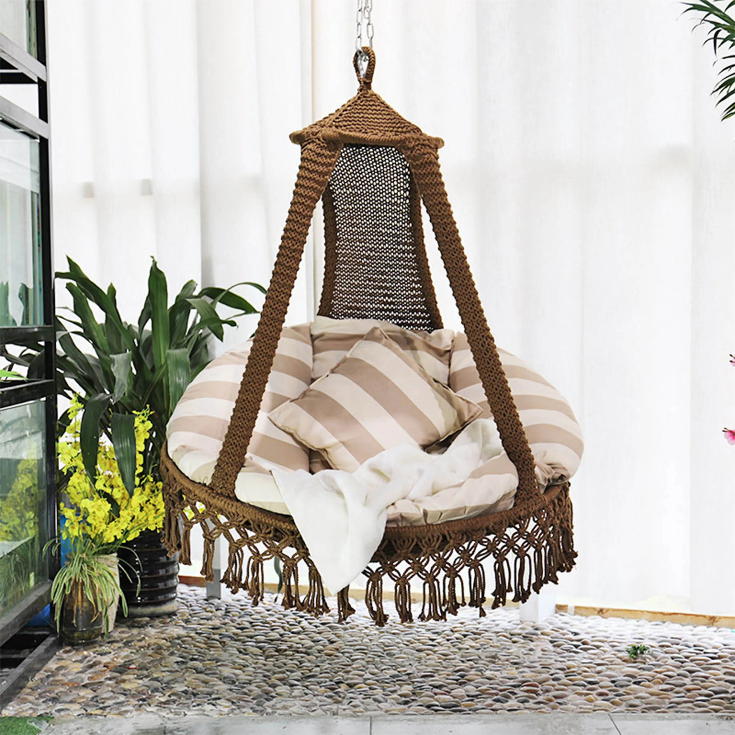 Printed Pattern Hammock Swing Chair Outdoor Robust and Durable,Swing Chair with Hanging Stick and Cushion/