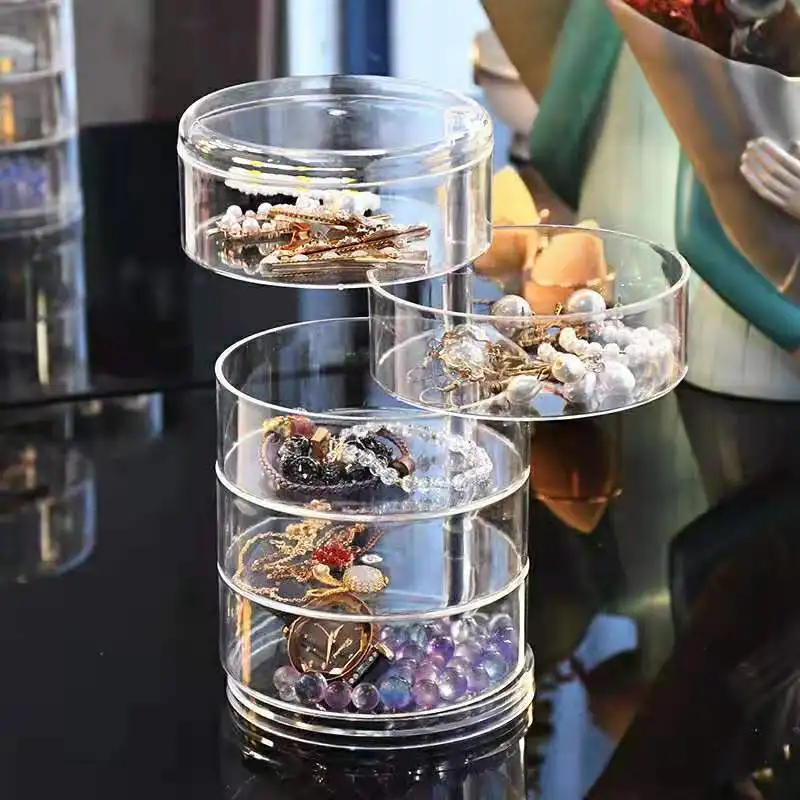 5 Layers Dustproof Clear Storage Box Plastic Desktop Acrylic Rotating Jewelry Organizer
