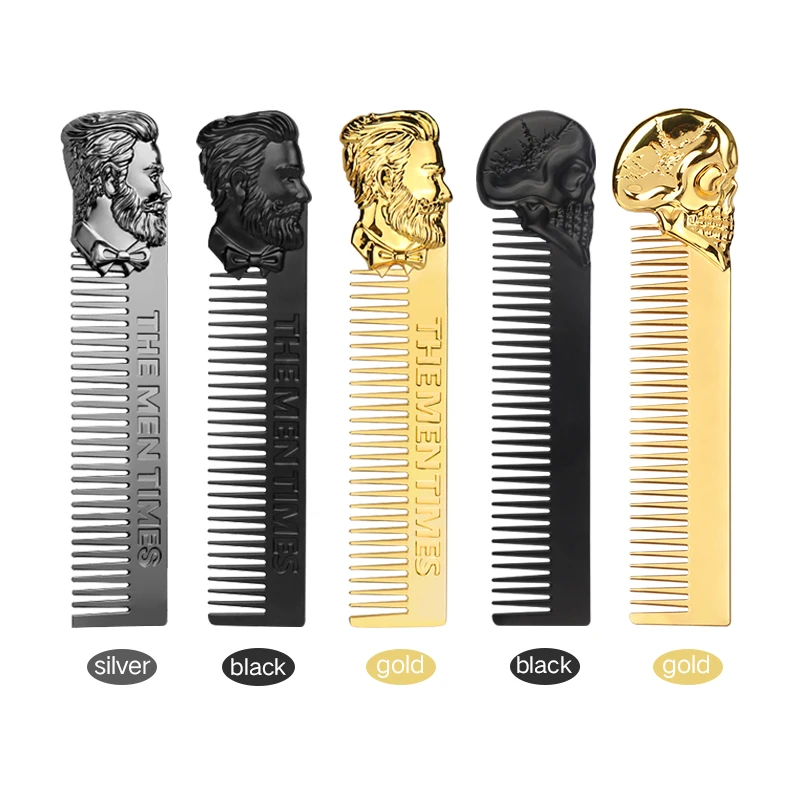 Professional Barber Luxury Gold Retro Style Skull Beard Comb Oil Hair Gentleman Shaping Tools Zinc Alloy Metal Portable Comb