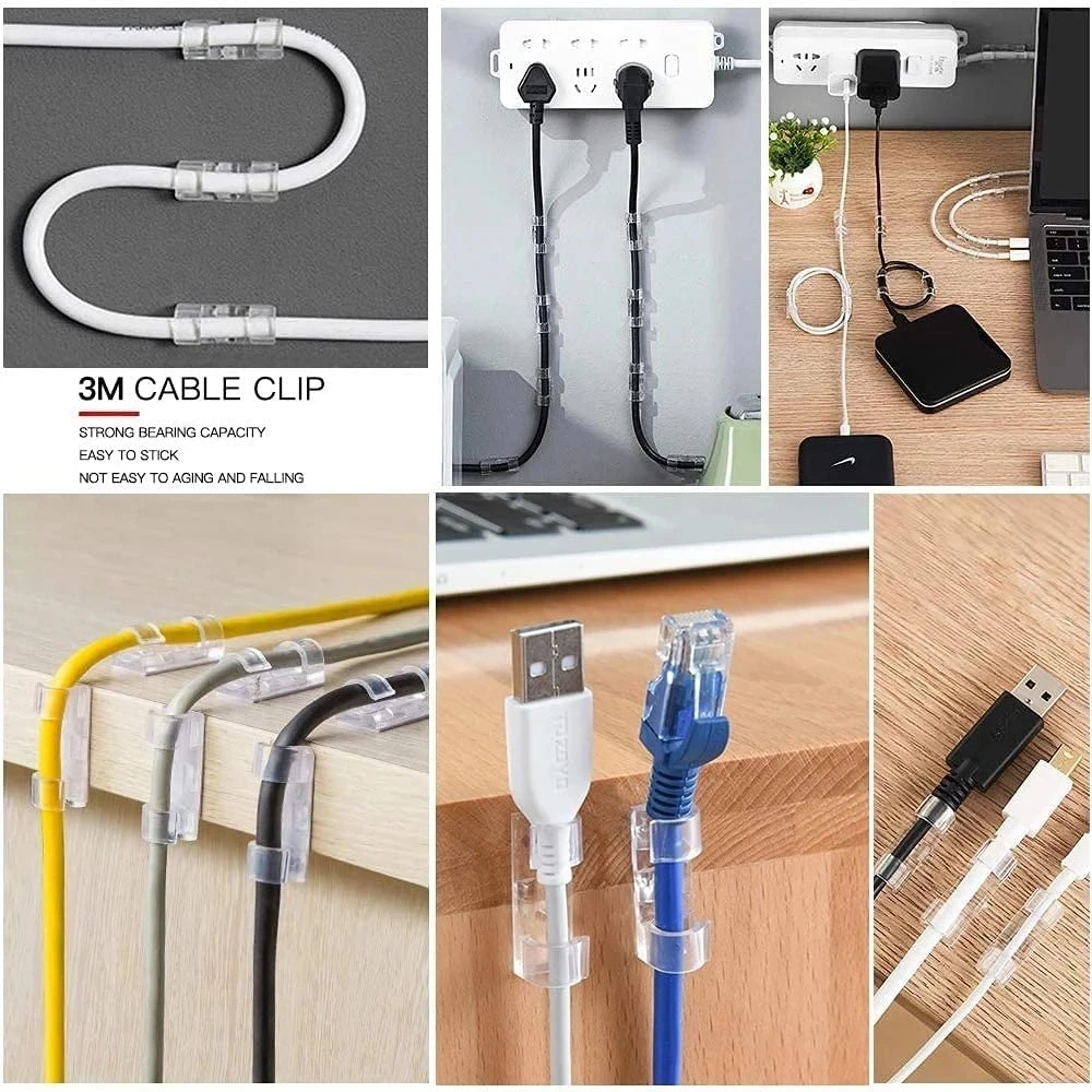 Pack of 20 Self-Adhesive Cable Clips Organizer Drop Wire Holder Cord Management Transparent