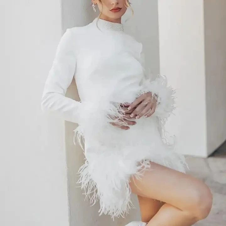 2023 vestidos casual custom designer fashion boutique summer elegant luxury long sleeve white mini dress women with feather