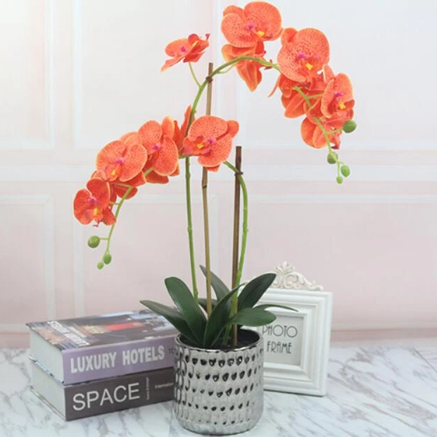 Real touch white purple phalaenpsis potted artificial silk orchid flower in pot