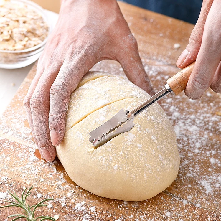 Kitchen baking 5 pcs wood handle stainless steel danish dough whisk bread scoring lame tool set