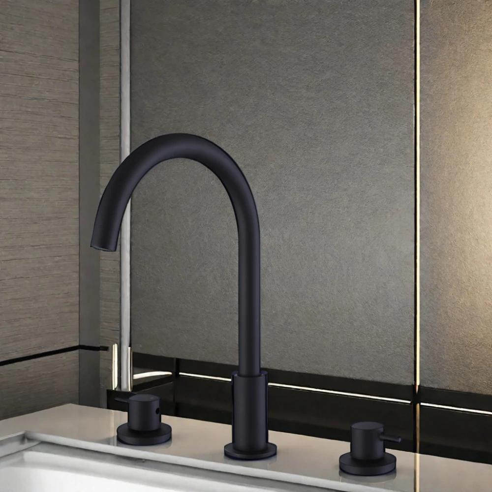 Modern 3-Hole Dual Handle Widespread Basin Sink Faucet Hot Cold Water Mixer Tap in Black Chrome Brass Single for Hotels