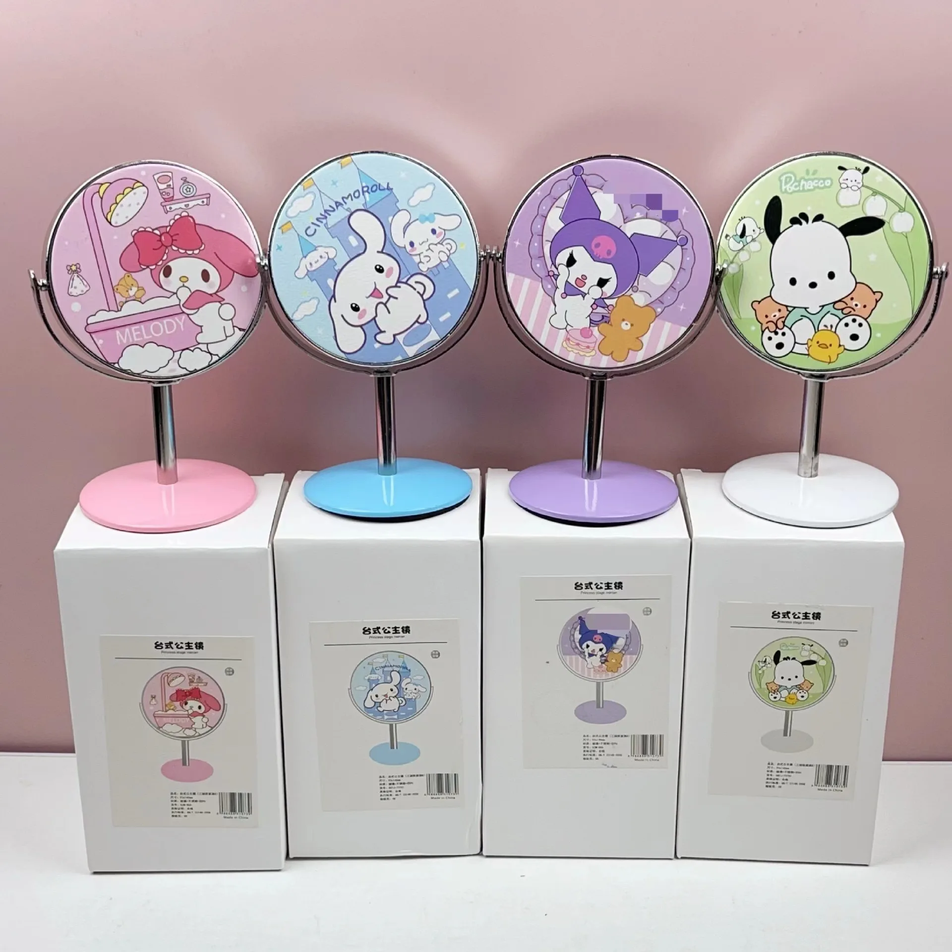 A+ New Wholesale Cartoon Mini Desktop Mirror Portable Sanrioed Mirrors Kulomi Hello Kt Kawaii Makeup Cosmetic PU Mirror