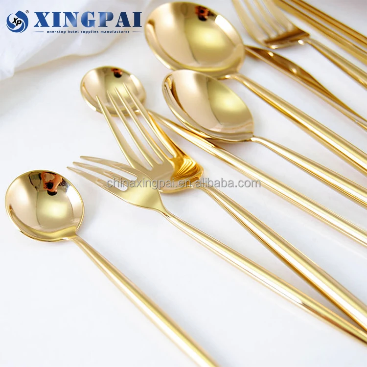 XINGPAI Five Star Hotel Stainless Steel Flatware Luxury Cutlery Golden Dessert Knife Fork Spoon Set for Buffet Catering