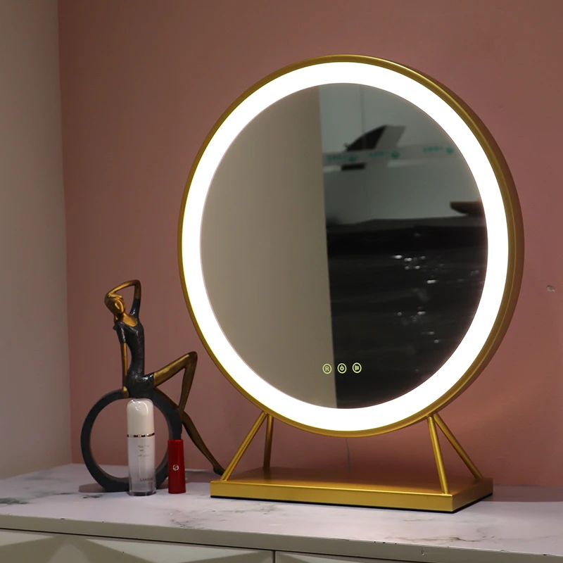 european style luxury gold tabletop led makeup mirror With iron frame and base