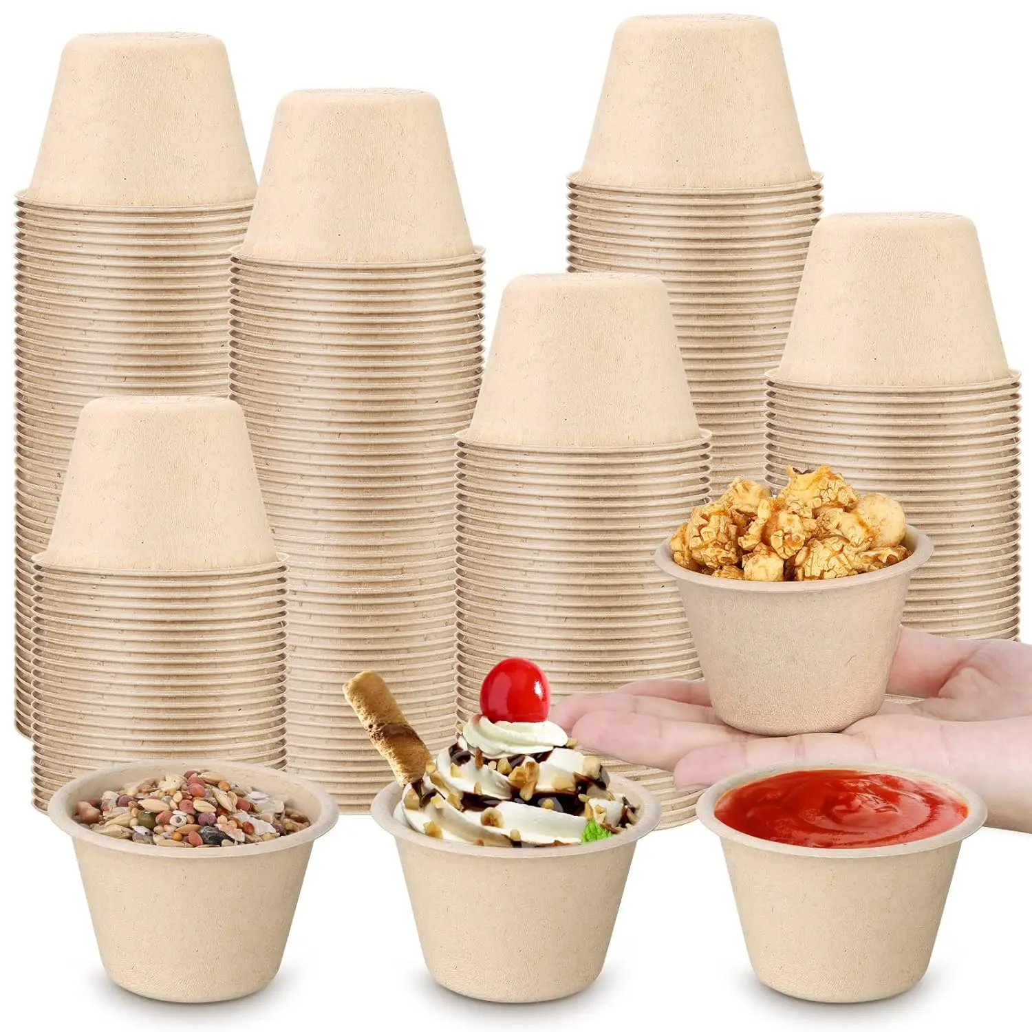 Disposable Compostable Paper Bagasse Round Dipping Bowls Chili Bowls Natural Sugarcane Fiber 4oz Sauces Bowls
