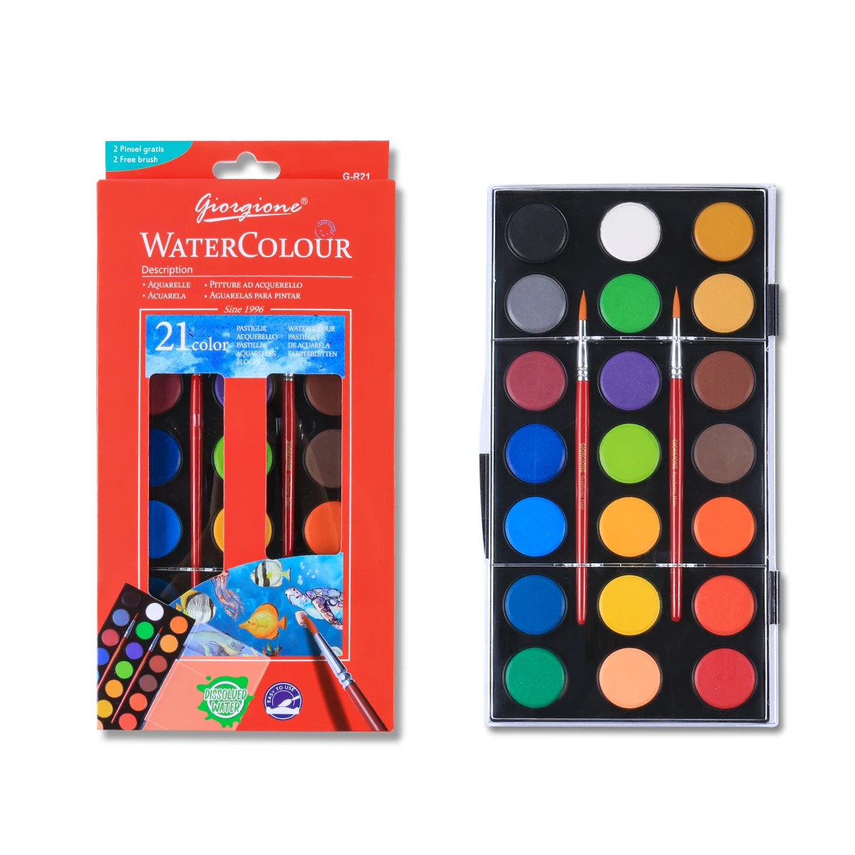 Giorgione 8 12 21 colors Solid Watercolor Paint Cakes set with Color box package free Paintbrush