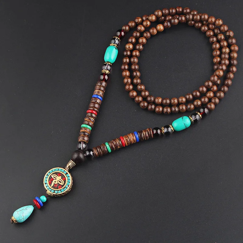 PUSHI nepal Vintage Ancient Natural Stone pendant geometrical wooden beads necklace jewelry bohemian long necklaces