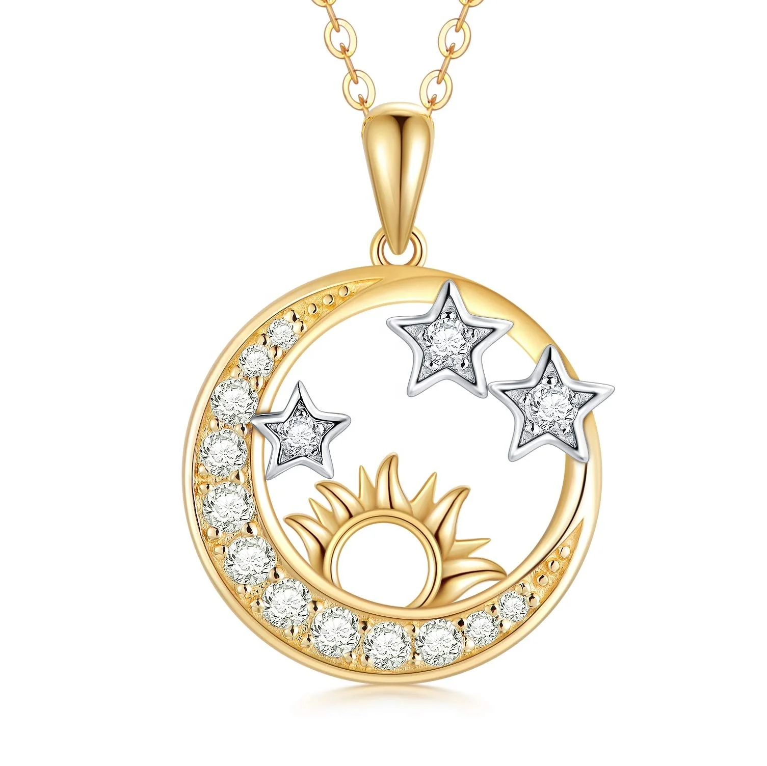 Trendy 925 Sterling Silver Sun Moon And Star Gold Plated crescent moon Pendant Necklace Charm Jewelry