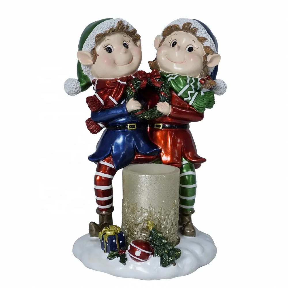 Wholesale  resin standing elf statue with LED candles Christmas decorations resin craft ornament