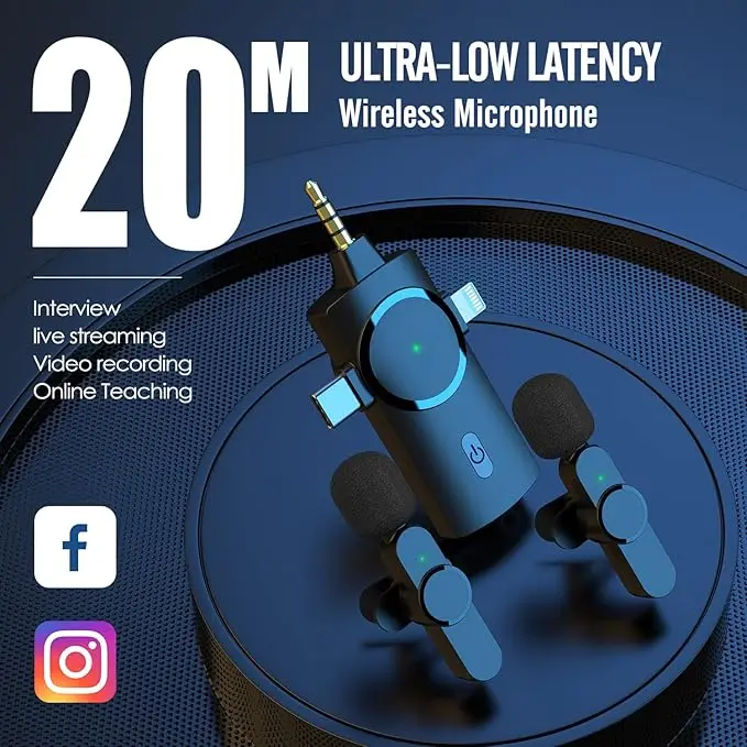 3 in 1 Portable Mini Microphone Wireless Recording Microphone 1 Drag 2 Microphone Lavalier Mic  for iPhone  and Android