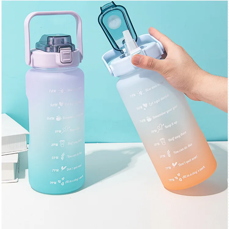 Large 2 liter plastic gym school motivational water bottle with time marker