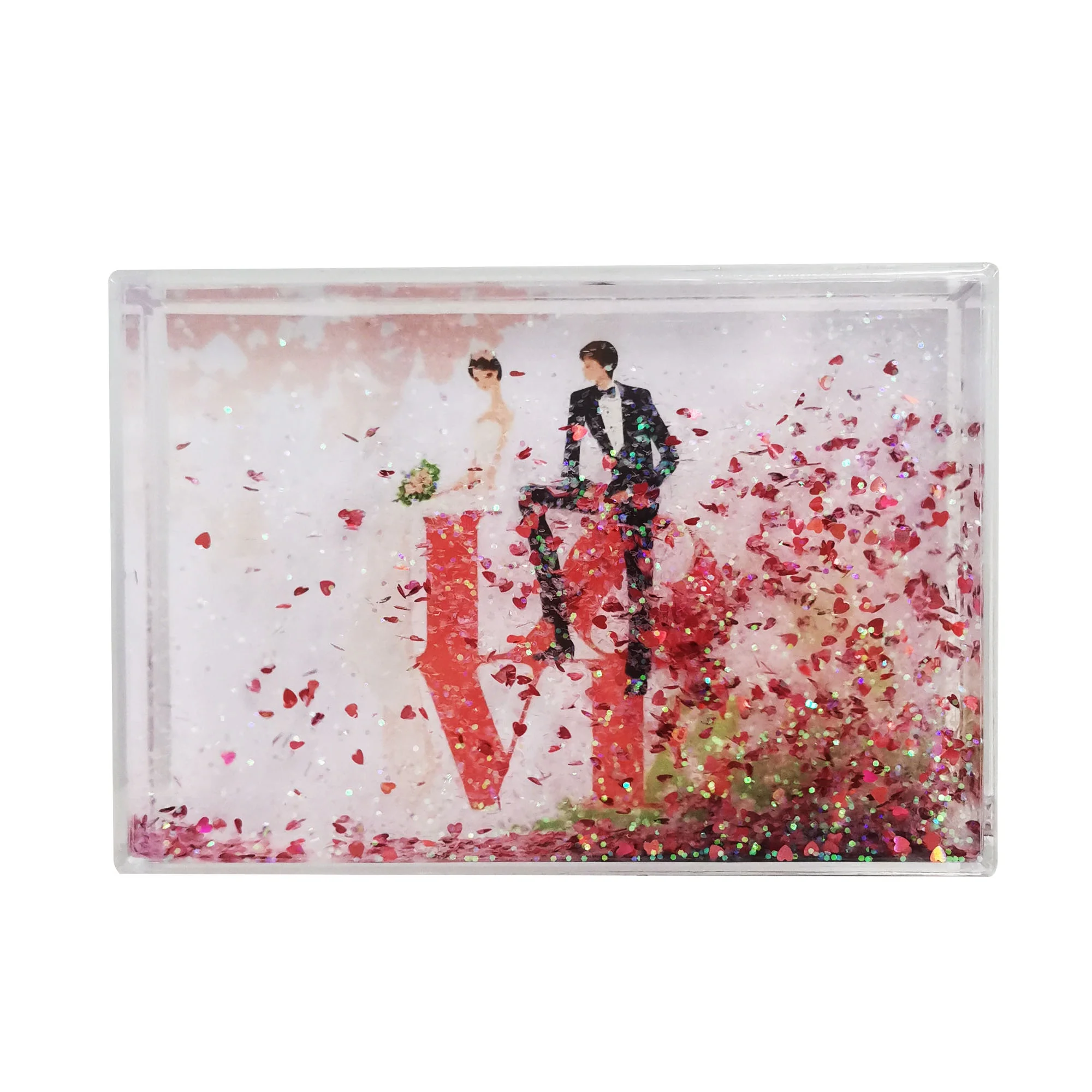 Custom Fashion 4x6 Clear Plastic Floating Sparkle Water Photo Frame Acrylic with Glitter Liquid for Gift Presentations
