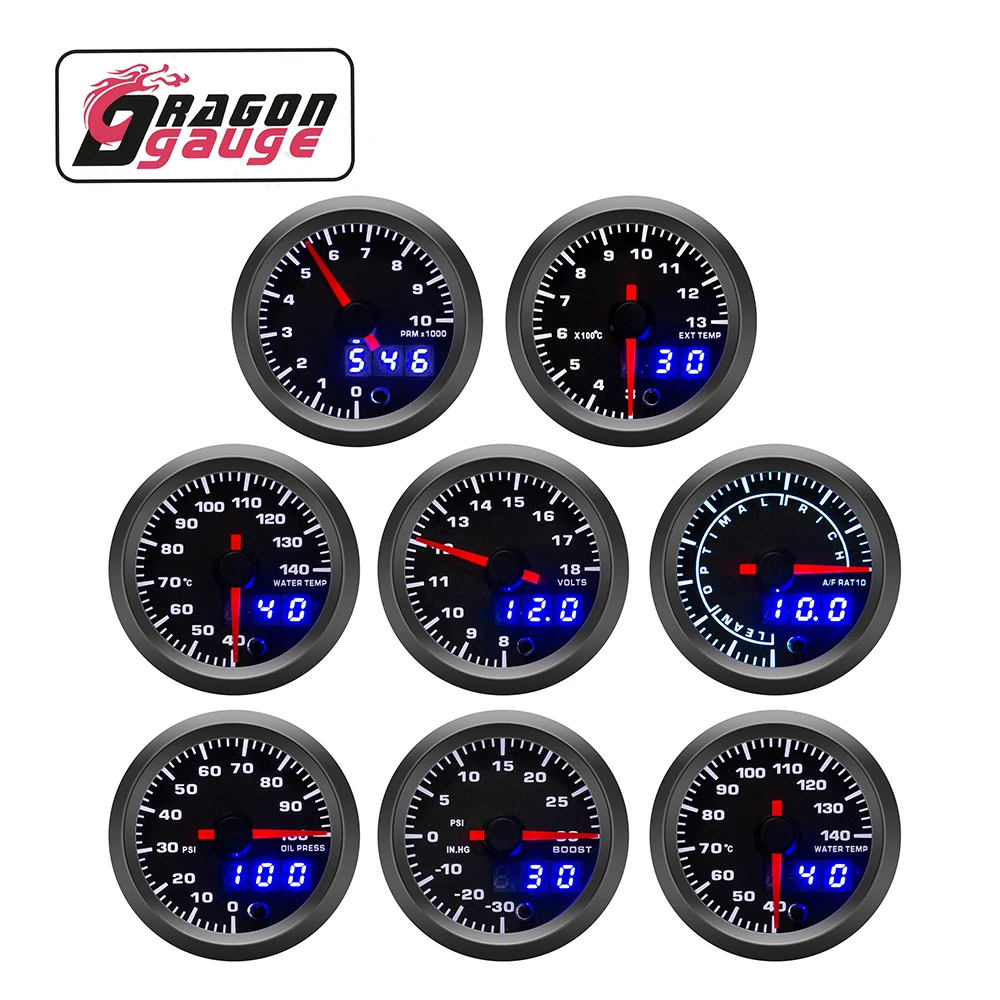 DRAGON GAUGE double Display Stepper Motor 12V 2' 52mm 7 Color LED Black Face Universal -30~30 Boost psi gauge Meter Car (6361)