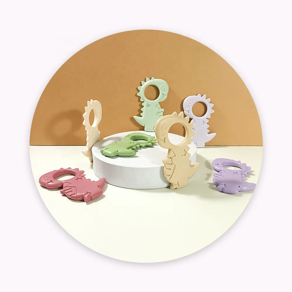 BPA Free Custom Logo Cartoon Teething Rod Cute Dinosaur Shape For Kids Chew Baby Chew Silicone Teether Toy