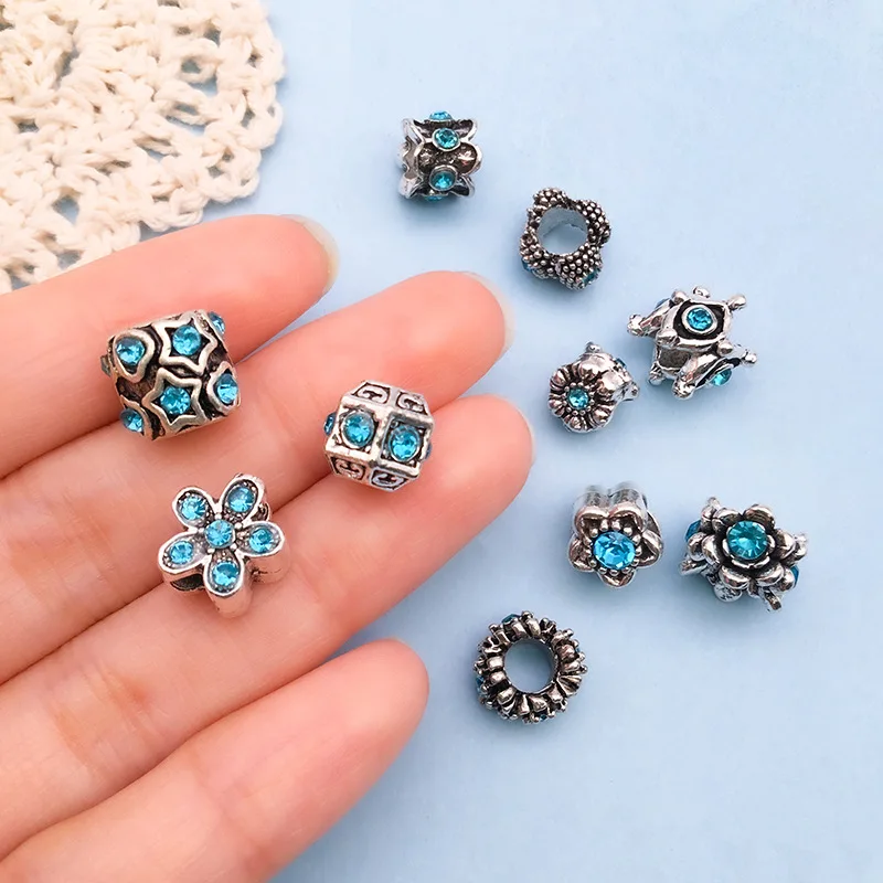 yuku new randomly mixed 10 lake blue inlaid point drill ancient silver alloy large hole bead jewelry accessories bag