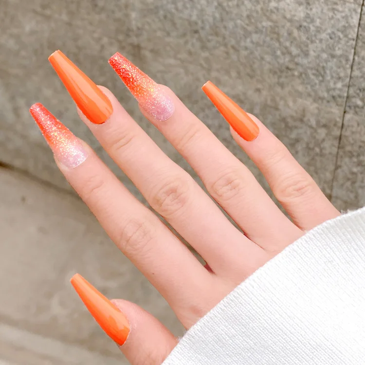 New Design 2022 Luxury Orange Gradient False Nails Long Coffin Press On Nails Tips Artificial Fingernails For Women