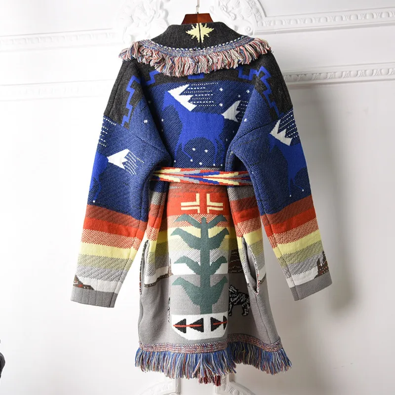 Women Winter Vintage Wolf Printed Long Sleeves Plus Size Cashmere Sweater Cardigan