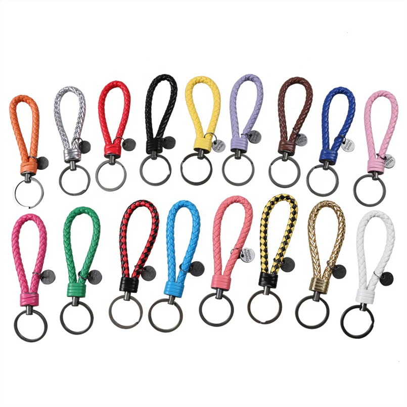 
Multicolor customized charm leather blank braided key chain non-slip metal ring braided keychain 
