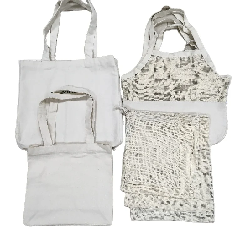 Reusable Produce Bags Organic Cotton Set Mesh Produce Bags with Drawstrings Half Mesh Grocery Tote Bag Zero Waste & Eco Friendly (1600194613941)