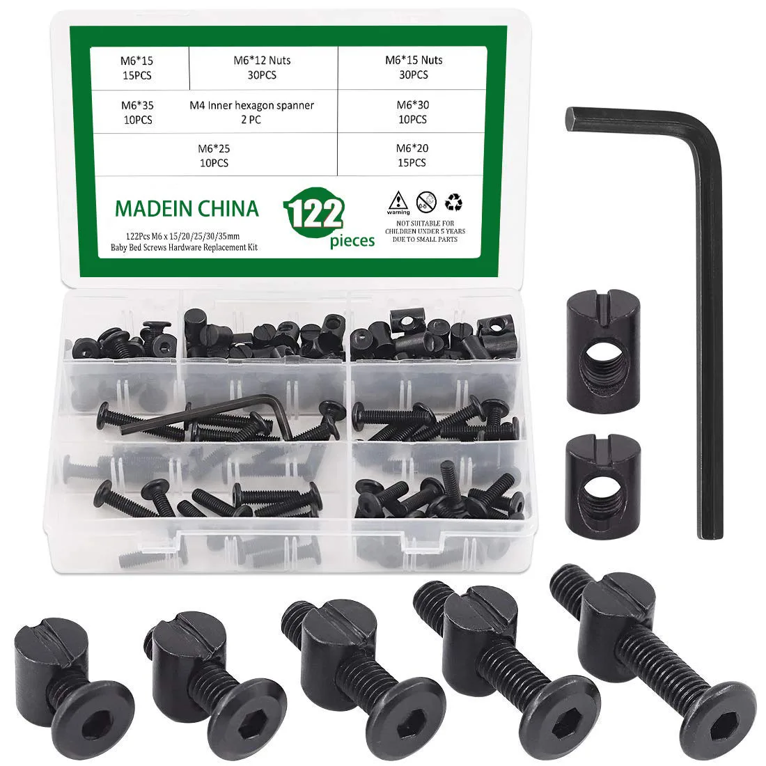 Hot Sale 122Pcs Black Chicago Screws Flat Head Hexagon Socket Head Furniture Screws Set M6 Bed Frame Screws Set