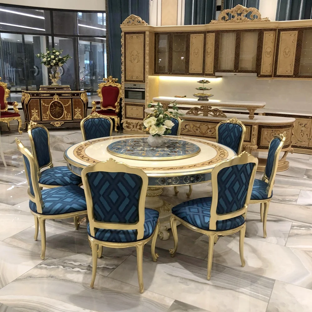 Luxury antique Italian style  solid wood marquetry 8 seater european round dining table with rotating centre