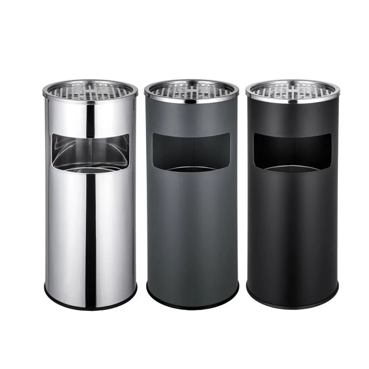 17L Stainless Steel  Round Trash Bin with Ashtray for Lobby