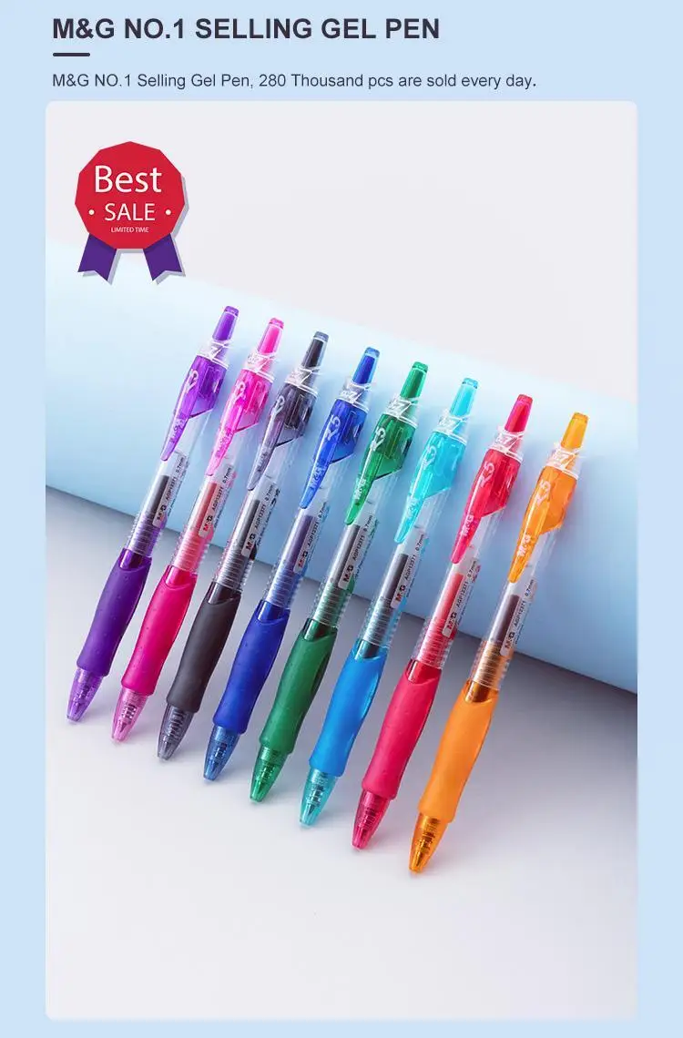 M&G Stationery R5 Wholesale Custom Colored Retractable Gel Ink Pens Multi-Color 0.7mm Writing Width Blue Pink Red Purple Orange