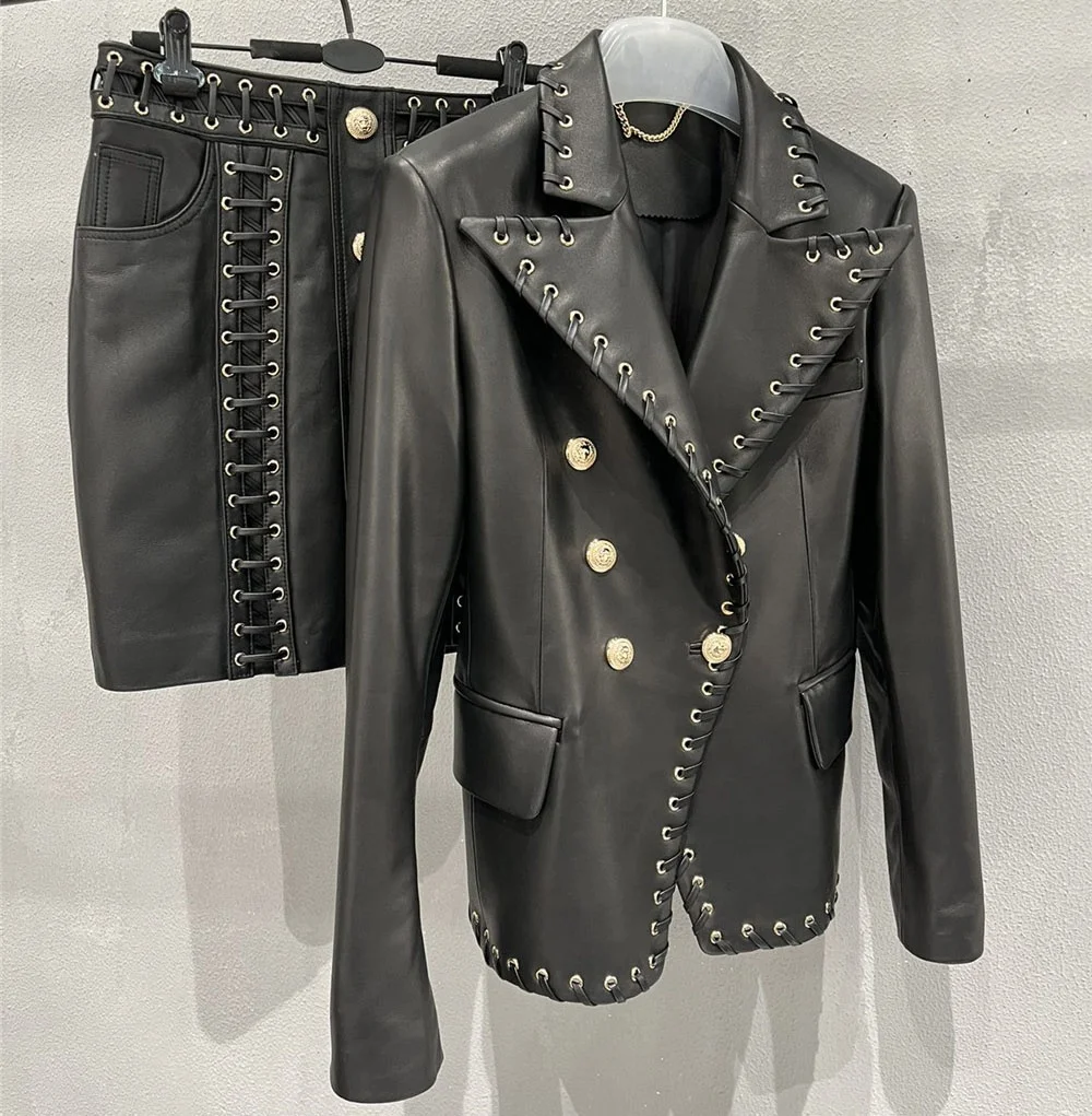 New Design Women Softshell Classic Suit Handmade Leather Rope Collar Luxury Genuine Sheepskin Leather Jacket