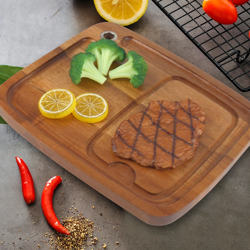 Acacia Wood Cutting Board Steak Plate with Juice Channel Handle Hole