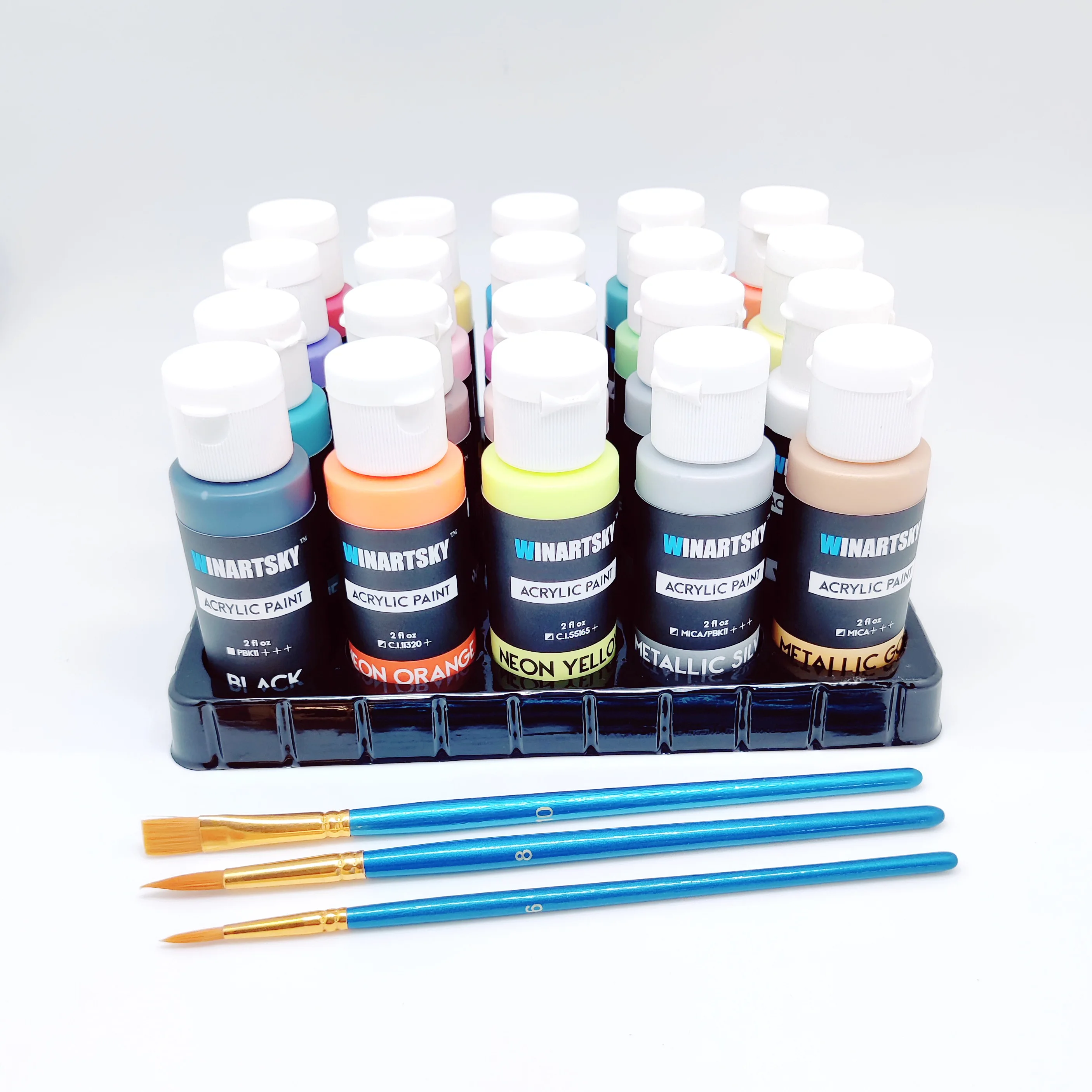 20 Colours Acrylic Paint Set, 60 ml per Bottle With 3 Extra Brushes, Ideal For Canvas, Paper, Wood, Stone, Ceramic, Modelling