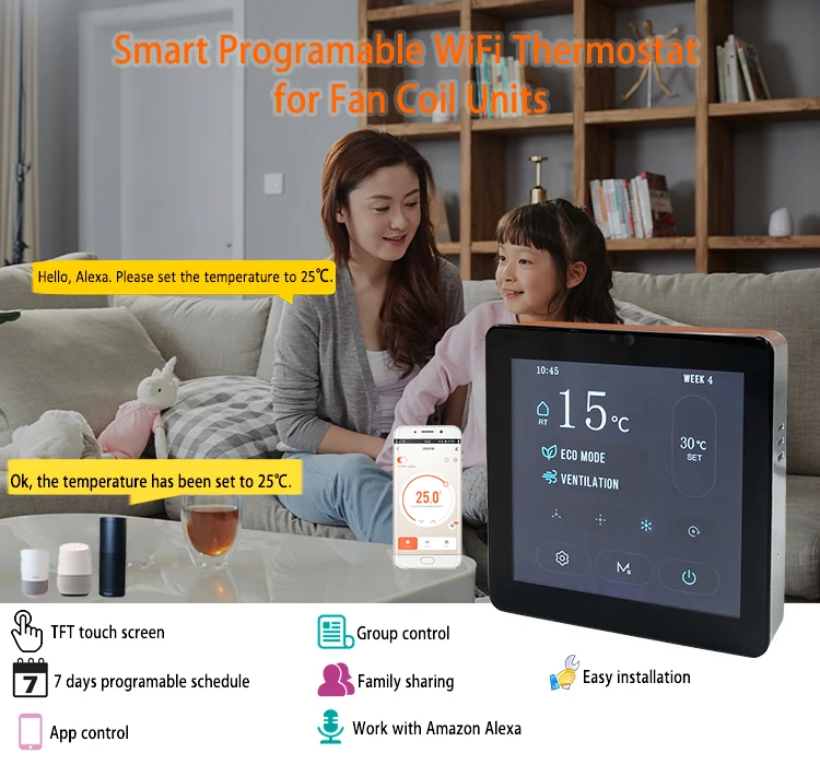Home Fan Coil System Temperature Control Touch Screen Room Smart WiFi Thermostat