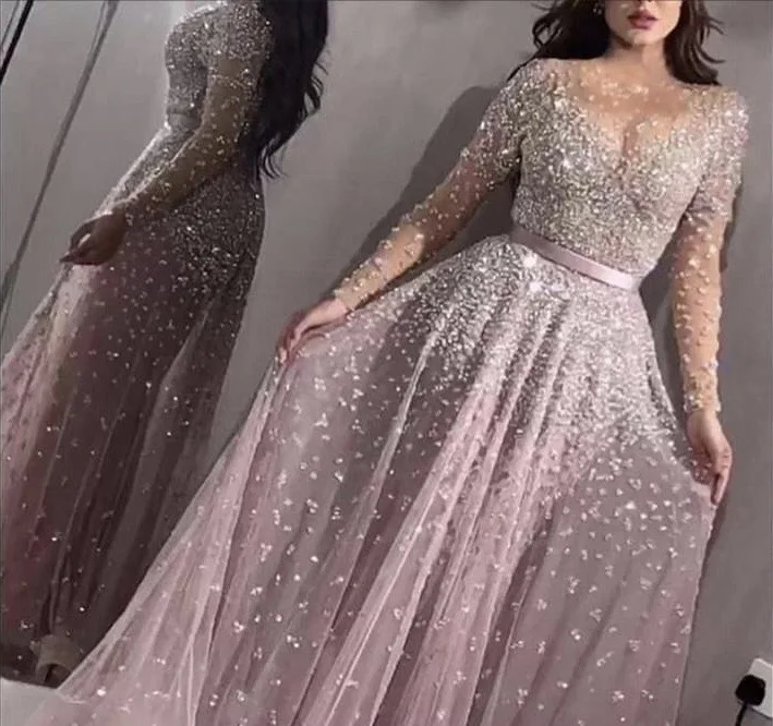 
W1040 Women Luxury Long Sleeve Arabic Middle East Bling Party Dress Evening Dress 