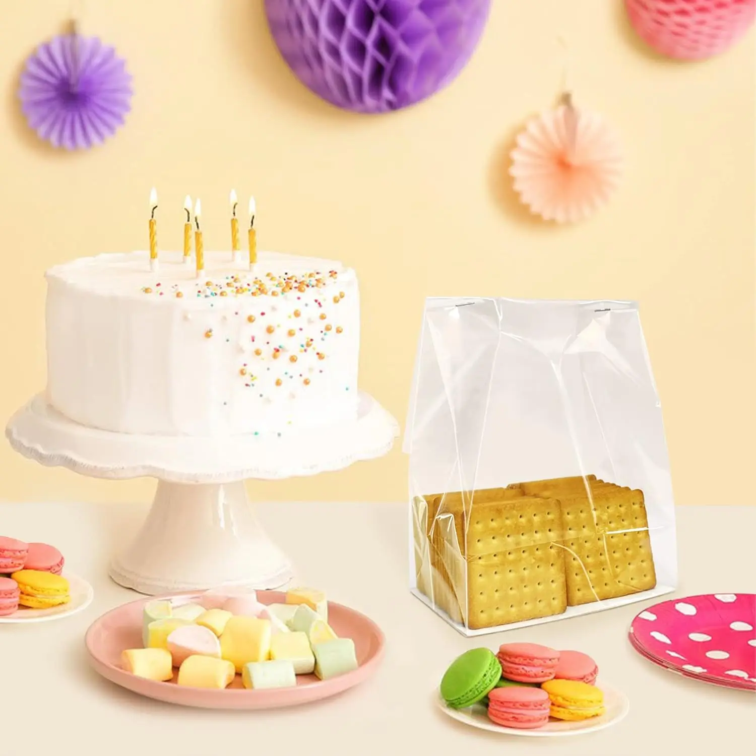 Wholesale OPP Cellophane Paper Card Insert Flat Bottom Treat Bag Candy Biscuit Food Packaging Bag With Side Gusset 4x2x8 Inches