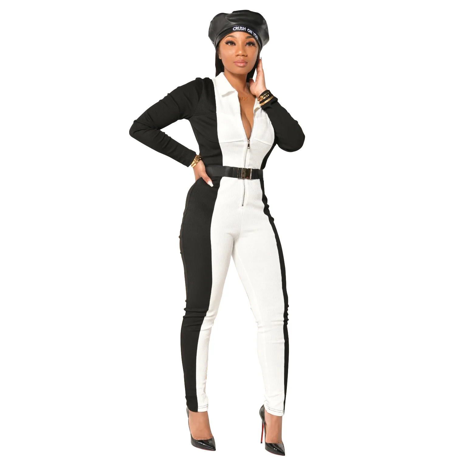 
Fall Print Zip Ribbed Overalls Casual Brif Romper Woman Full Sleeve Turn Down Collar Skinny Slim Splicing Jumpsuit Sexy Bodysuit 