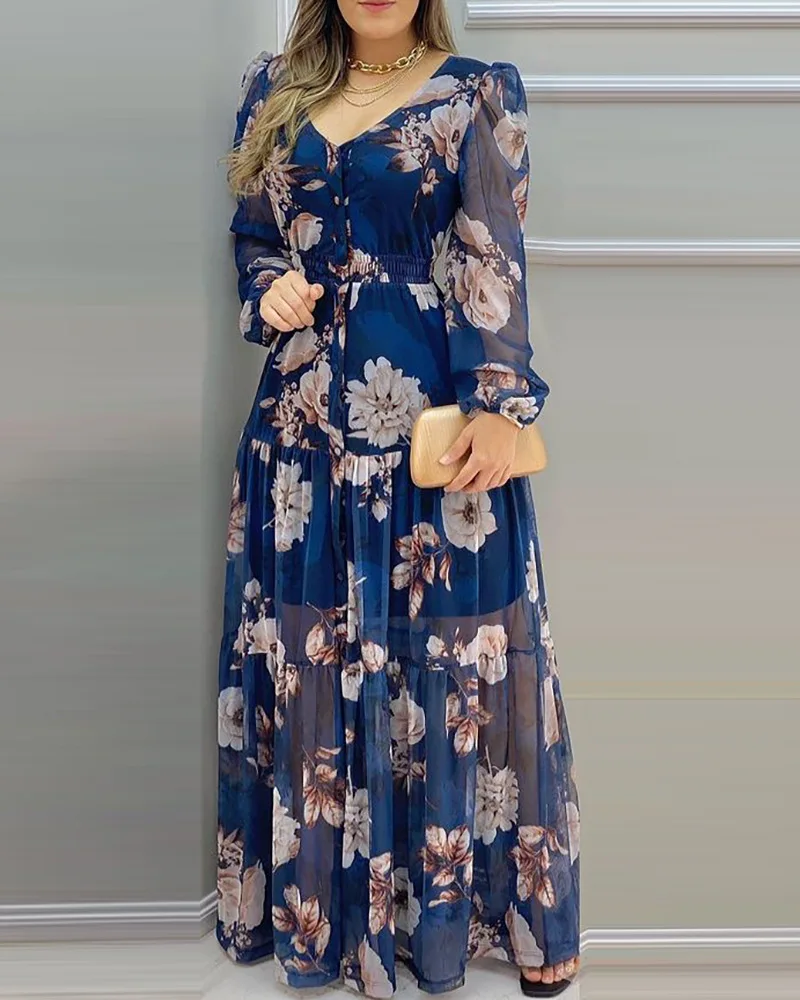 2023 New Arrival Fashion Chiffon Floral Dress Casual V Neck Mesh Print Maxi Dresses Women Elegant Long Dress