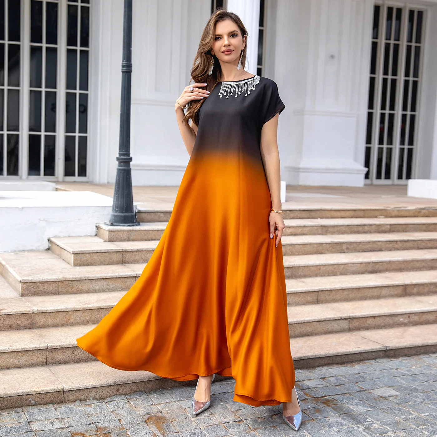 Eid dress 2024 New design gradient orange senior sense Muslim Middle East evening dress fashion light luxury print open abaya