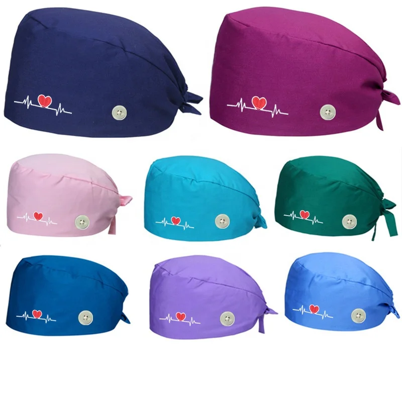 Vaulyer Cotton Working Caps With Button And Sweatband Adjustable Bouffant Hats Women Men Nurse Scrub Caps