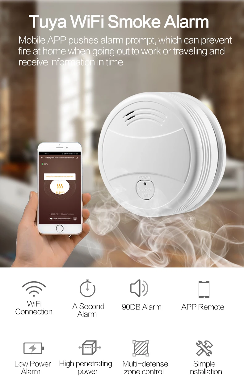 Smart Plastic Cover Fire Alarm System Wireless Sound Siren Tuya Wifi Co Smoke Alarm Detector Manufacturers