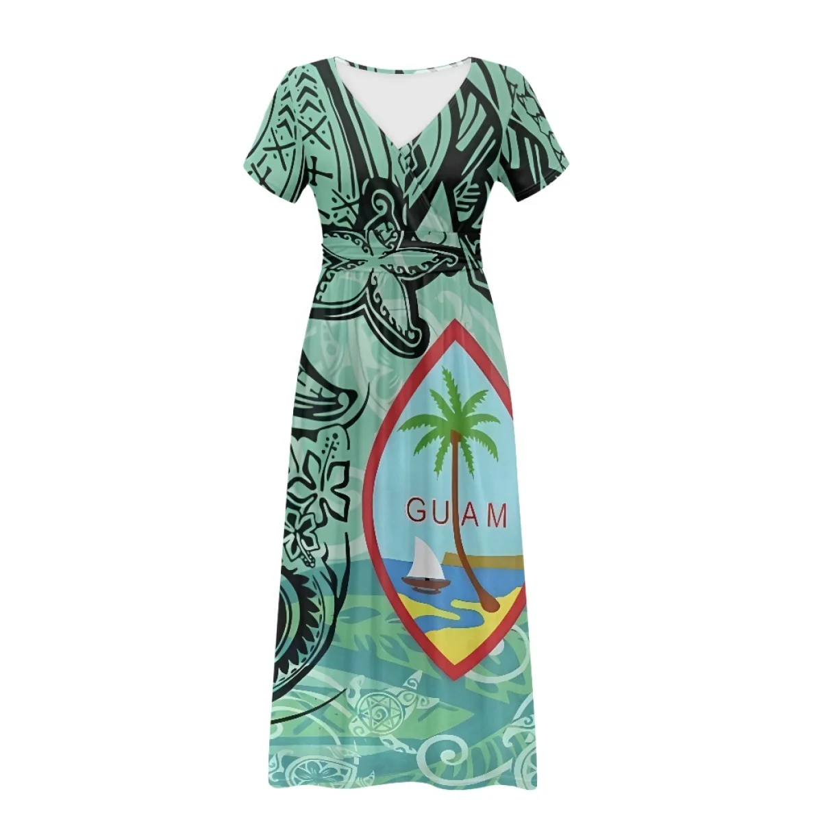 Custom Guam Flag Dresses With Pockets Women Polynesian Tattoo Design Deep V-neck Dress Summer Short Sleeve Party Dres Wholesale