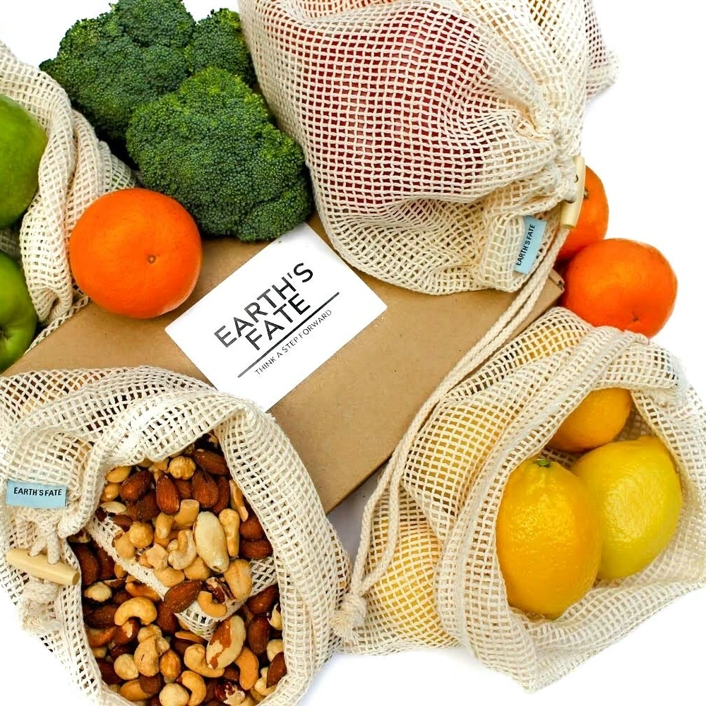 Promotional Custom Logo Eco Organic Cotton Mesh Net shopping Bag Reusable Food Produce Bags For Vegetable Fruit Packing