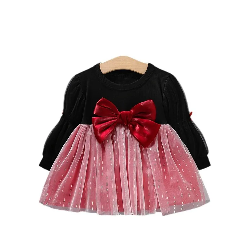 2024 New designs Baby Dresses Mesh bow long sleeve skirt baby girl princess frocks Red Bow Knot Double Layer Tutu Dress RTS