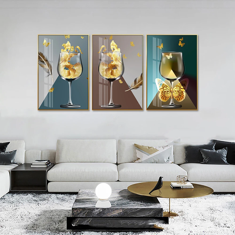 Huamiao 40*60cm Feather And Goblet Printing Painting For Living Room Framed Crystal Porcelain Painting